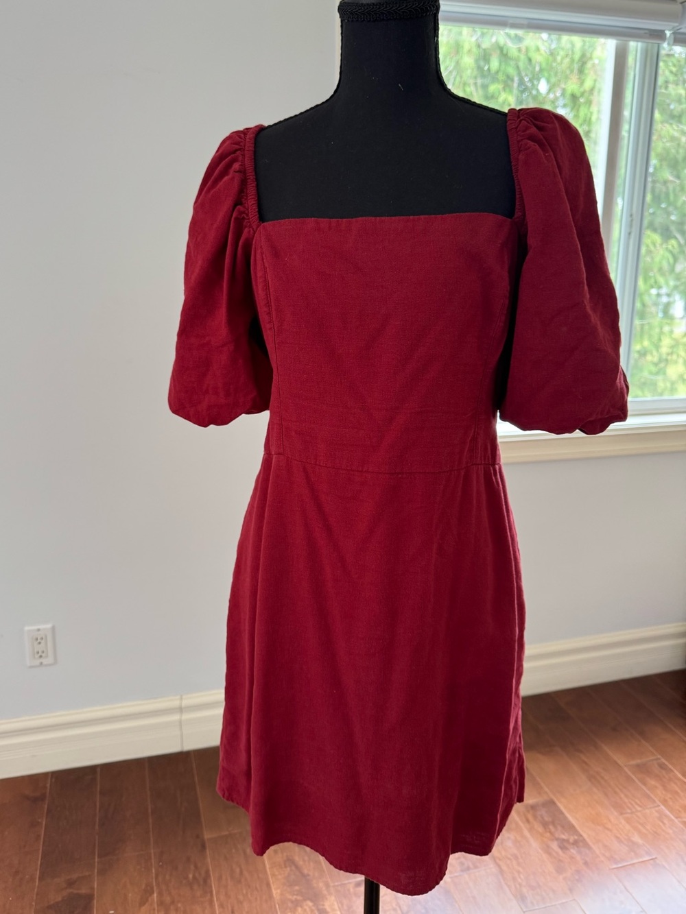 Abercrombie & Fitch Burgundy Square Neck Puff Sleeve Mini Dress